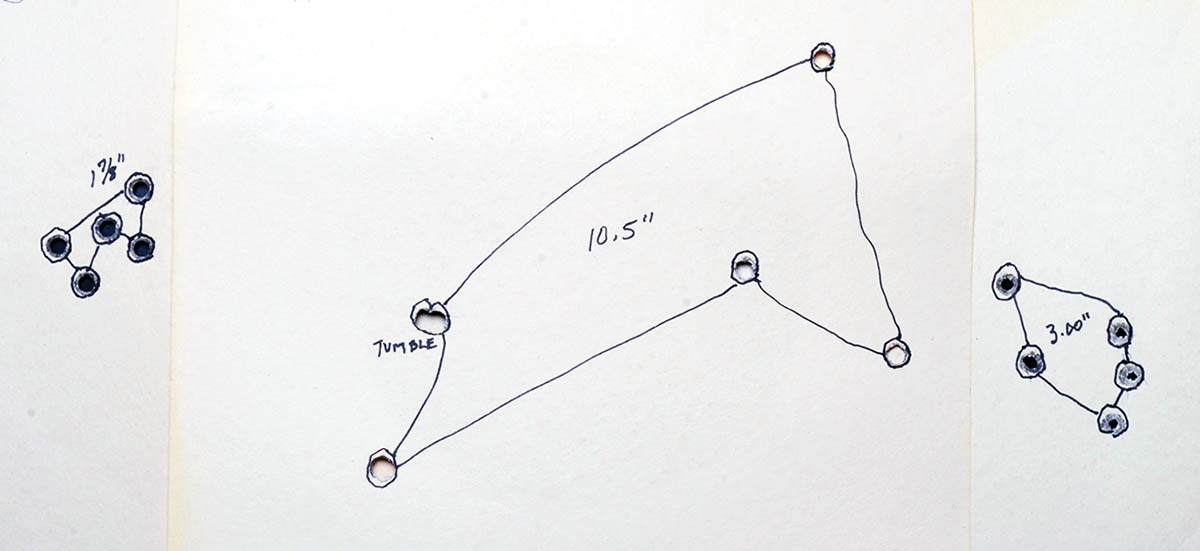 This mystery occurred in Mike’s group shooting with the Colt Model 1917 mounted in the Ransom Pistol Machine Rest. The group in the middle was fired between the two groups located at the right and left. That indicates the machine rest was not malfunctioning.